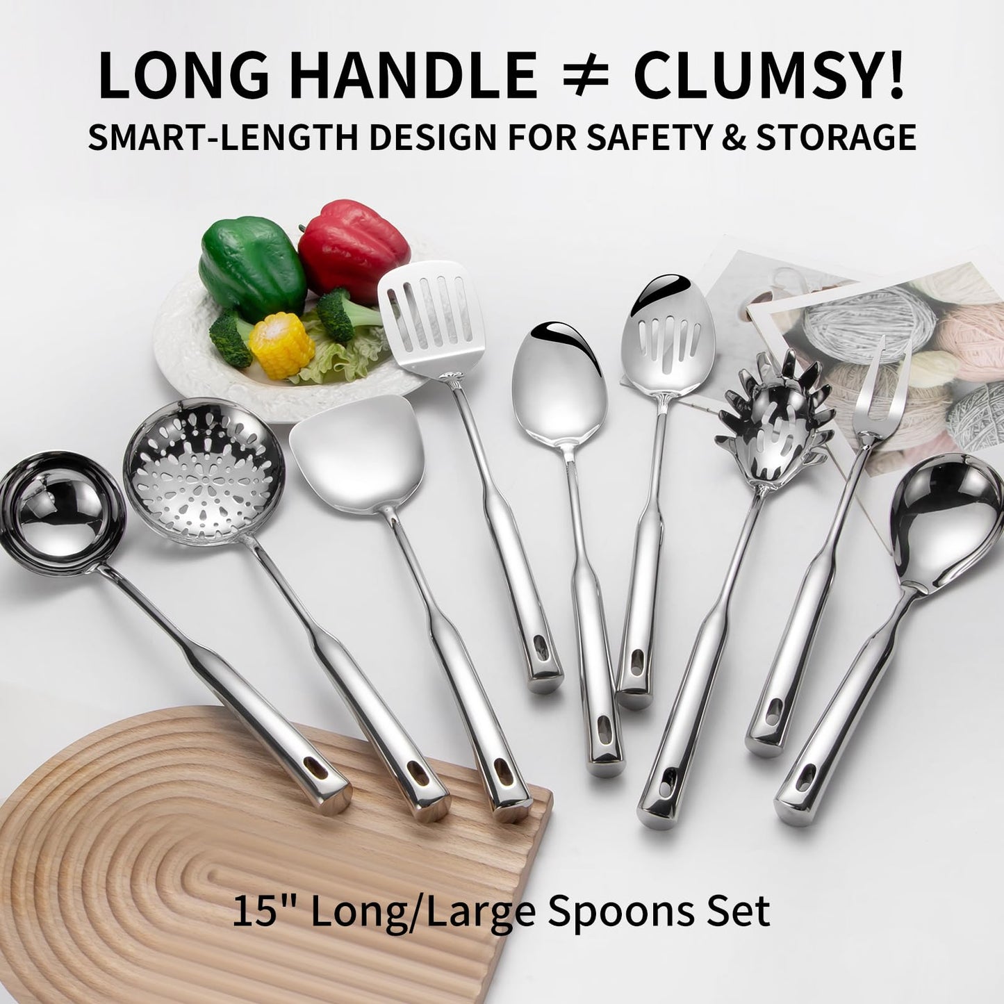 304 Stainless Steel Kitchen Cooking Utensils Set - 9 PCS Serving Utensils, Include Skimmer, Soup Ladle, Spaghetti Server, Wok Spatula, Slotted & Solid Spoon, Slotted Spatula Turner, Meat Fork (Silver）