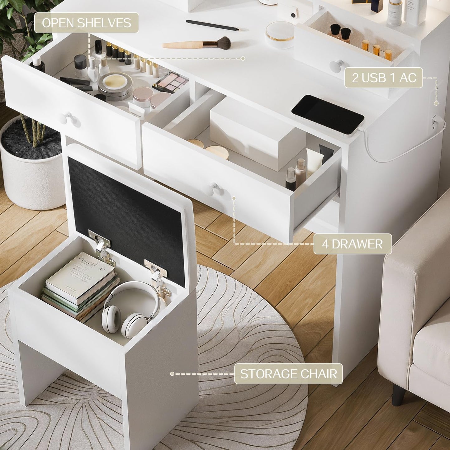 Haewon White Vanity Desk with Mirror and Power Outlet, Makeup Vanity with Adjustable Brightness and 3 Lighting Modes, Dressing Table Set with 4 Drawers, Storage Chair for Bedroom