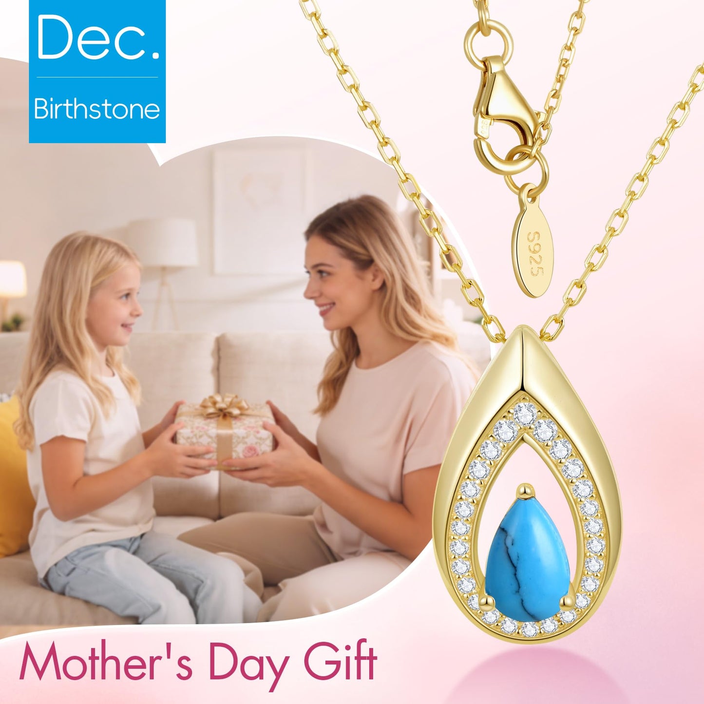 Kstyle 14k Gold Turquoise December Birthstone Pendant Necklaces for Women Valentine's Day Birthday Gift Anniversary Jewelry for Wife Daughter Grandma Mom Sister Non Tarnish