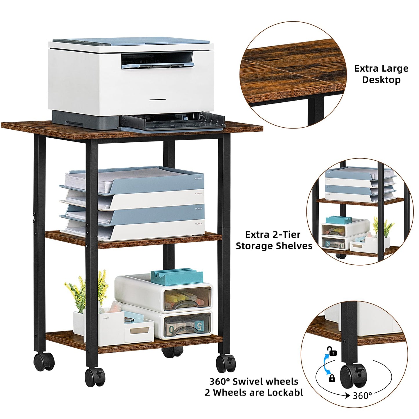 Lerliuo 3-Tier Printer Stand, Industrial Mobile Printer Table with Storage Shelf and Steel Frame, Rolling Printer Cart Holder with Lockable Wheels for Home, Office (Brown)