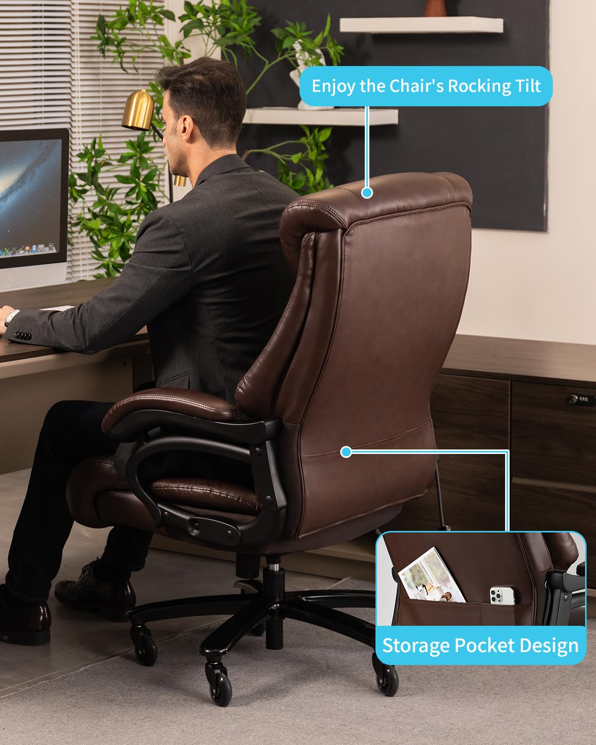 800lbs Executive Chairs, Executive Office Chairs for Big and Tall with Adjustable Lumbar Support, Office Chair for Heavy People, Leather Desk Chairs with Quiet Rubber Wheel and Extra Wide seat