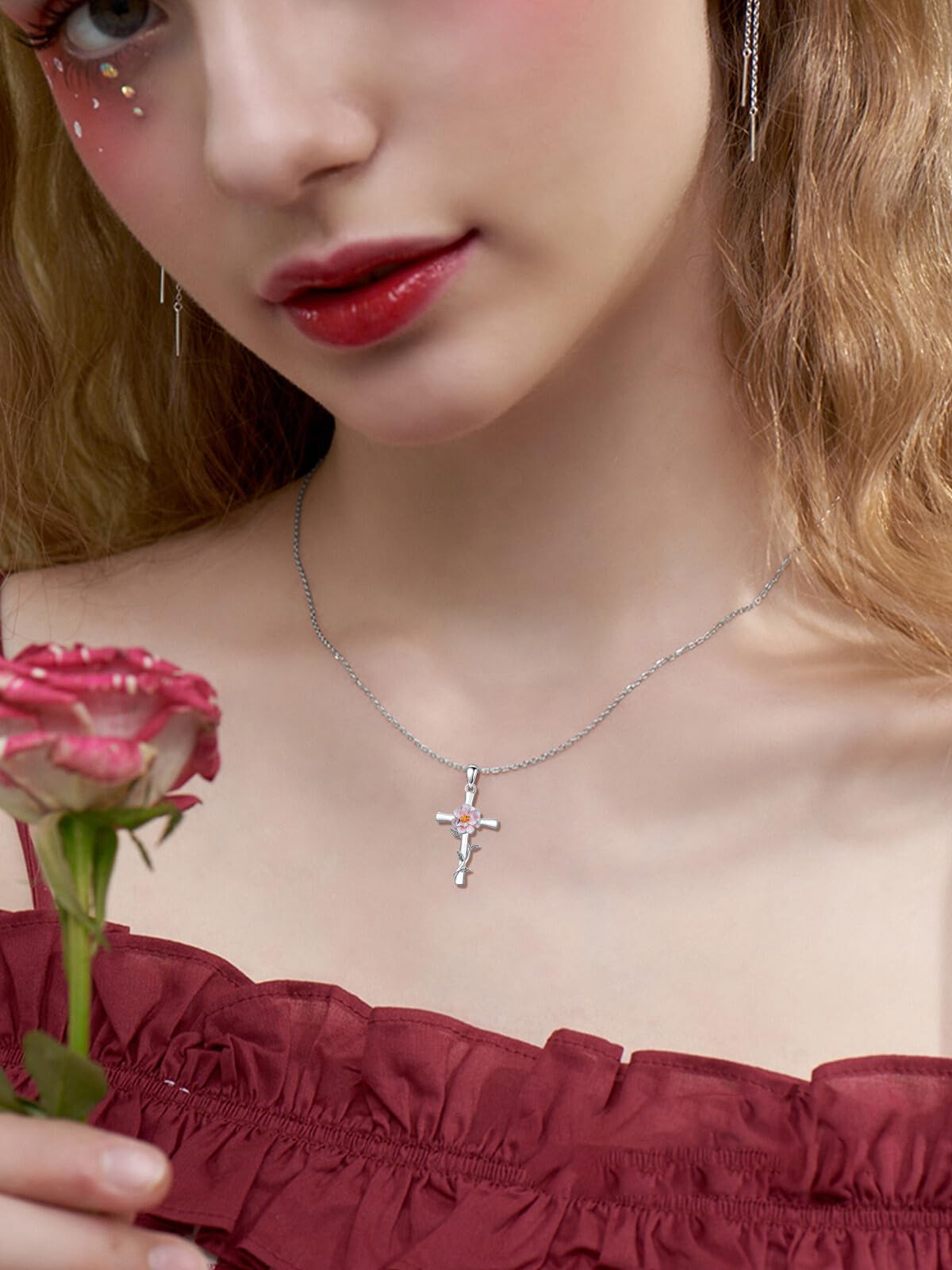 Cargari Peony Cross Necklace for Women 925 Sterling Silver Peony Flower Pendant Necklace Floral Jewelry Gift for Women