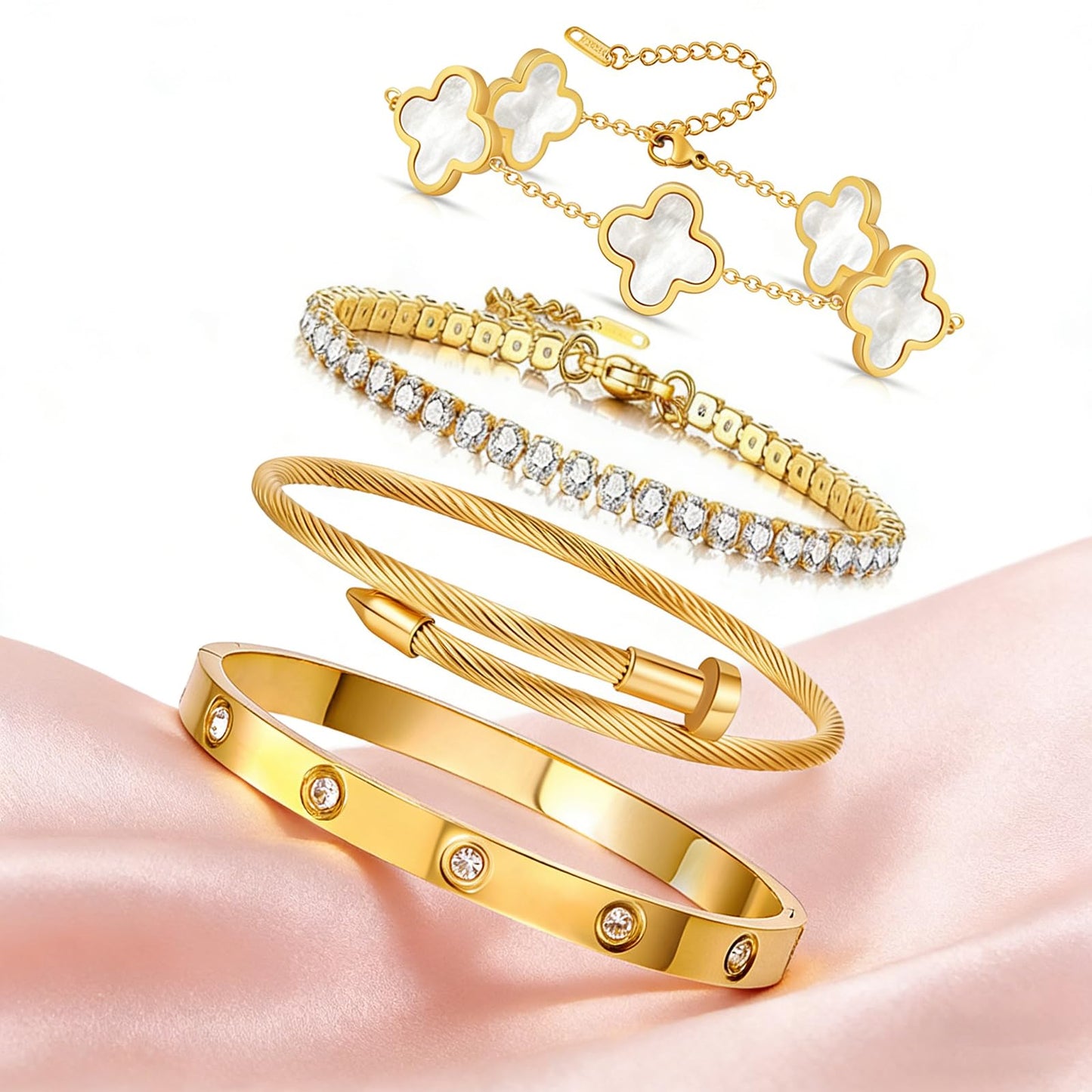 Gold Bracelets for Women, 18K Gold Plated Women Tennis Bracelets Clover Nail Love Bangle Bracelet Set, Gold Bracelet Stackable Set Trendy Jewelry, Gifts for Women's Day and Mother's Day (09-Color- 4 White)