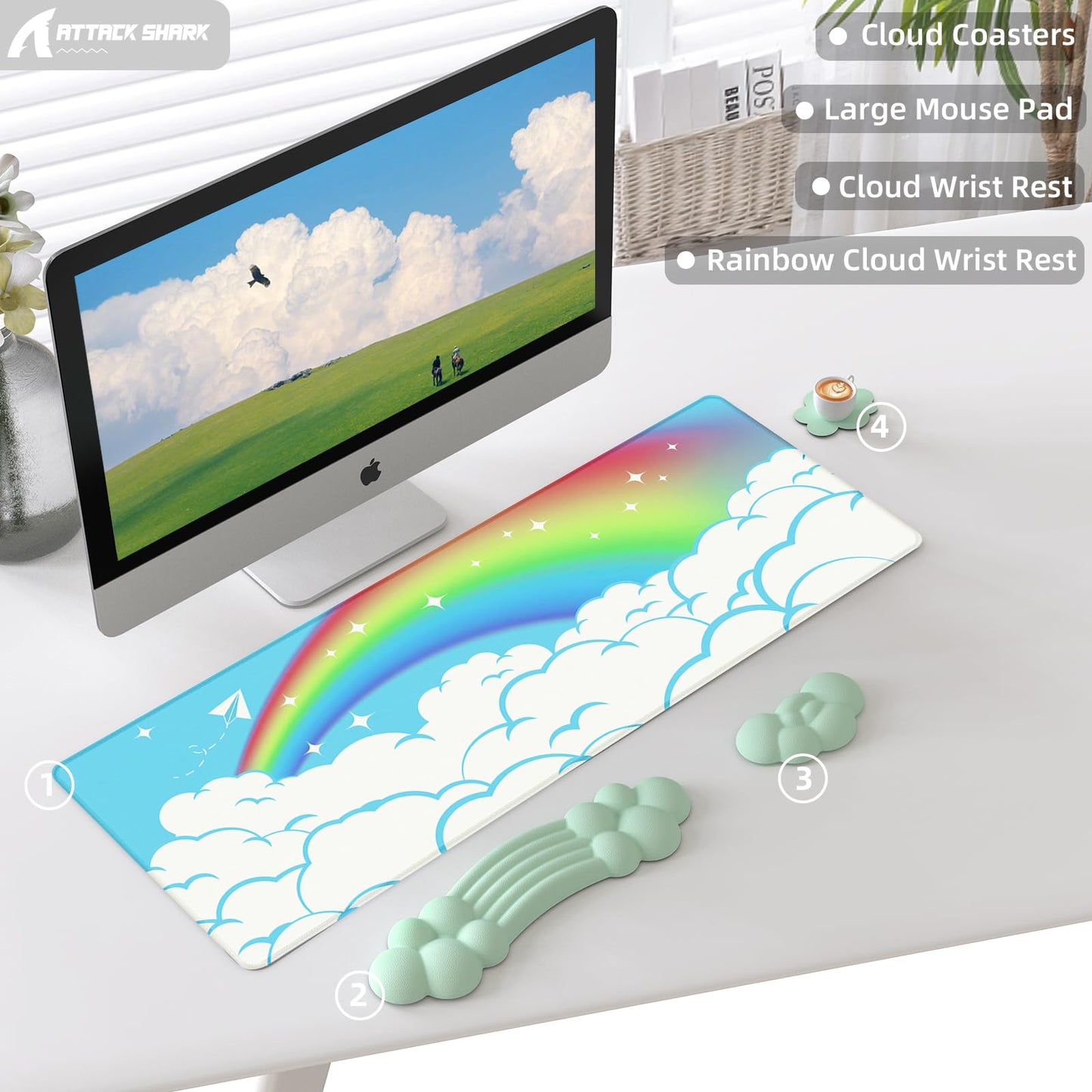 ATTACK SHARK Cloud Wrist Rest Mousepad Set for Gaming Keyboard and Mouse(31.3x11.6in) XXL Large Desk Mat Gel Wrist Support,PU Soft Memory Foam,Pain Relief,Non Slip Office Supplies for PC/Laptop-Green