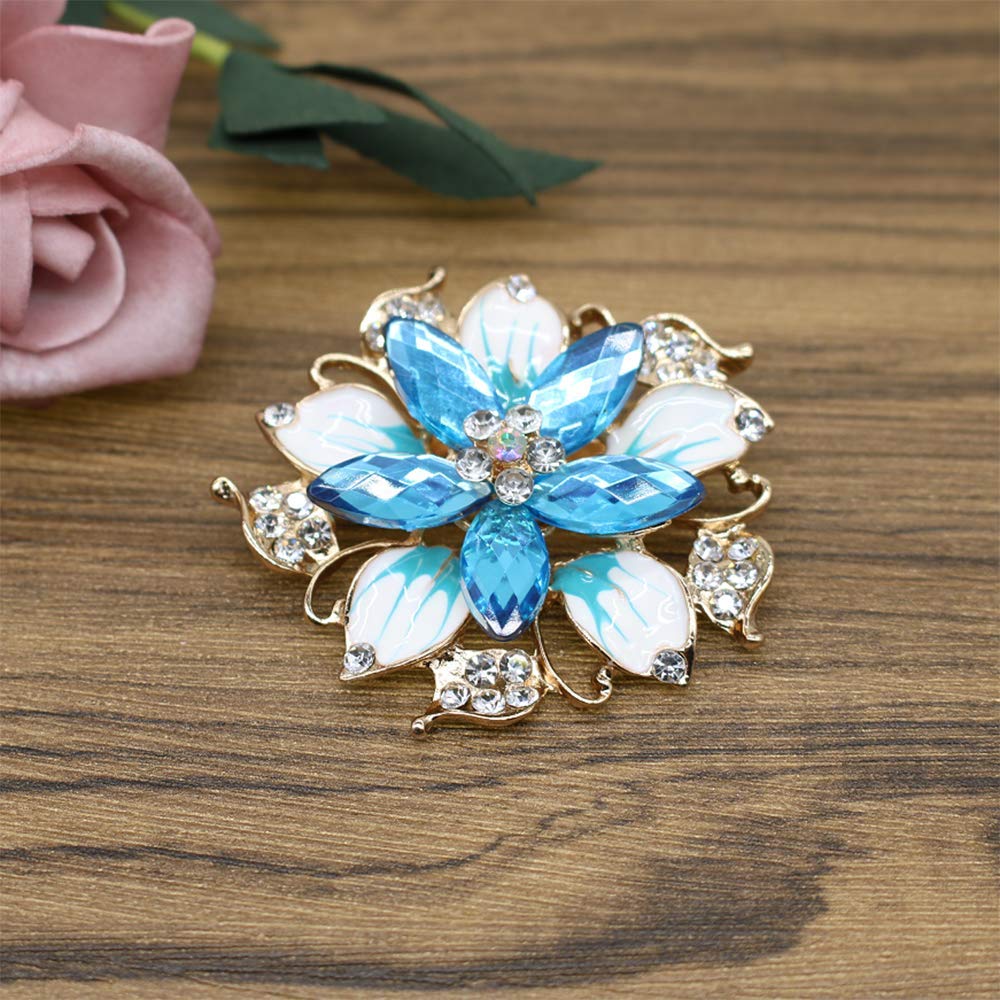 Flower Crystal Brooches Pins Fashion Beautiful Created Rhinestone Floral Brooch Good Idea for Party Dance Wedding Banquet for Elegant Women Girl (Blue Crystal Brooch)