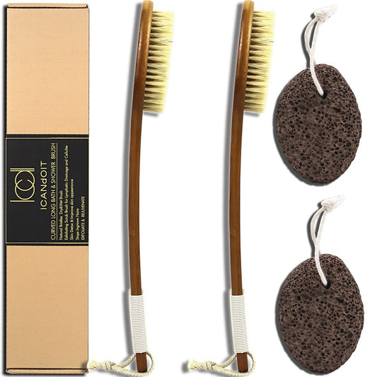 ICANdOIT-17.71Inch Natural Stiff Sisal Bristles Anti-Slip Long Handle Bath Brush,Bent Handle Shower Scrubber for Exfoliating,Shower Back Brush,Exfoliation Set with Pumice Stone(2 Pack)