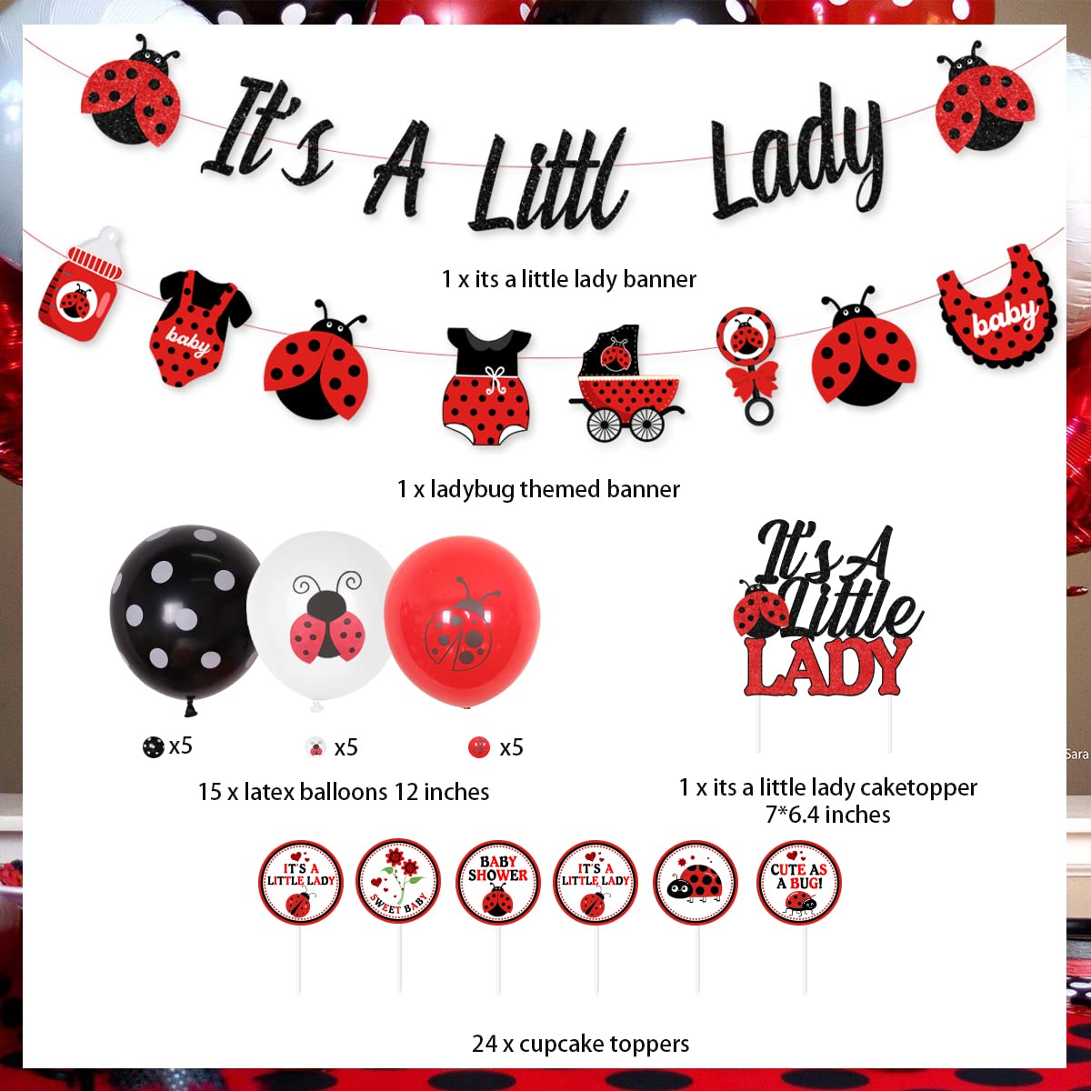 Cheereveal Ladybug Baby Shower Decorations It’s A Little Lady Banner Cake Topper Balloons for Ladybird Birthday Party Supplies