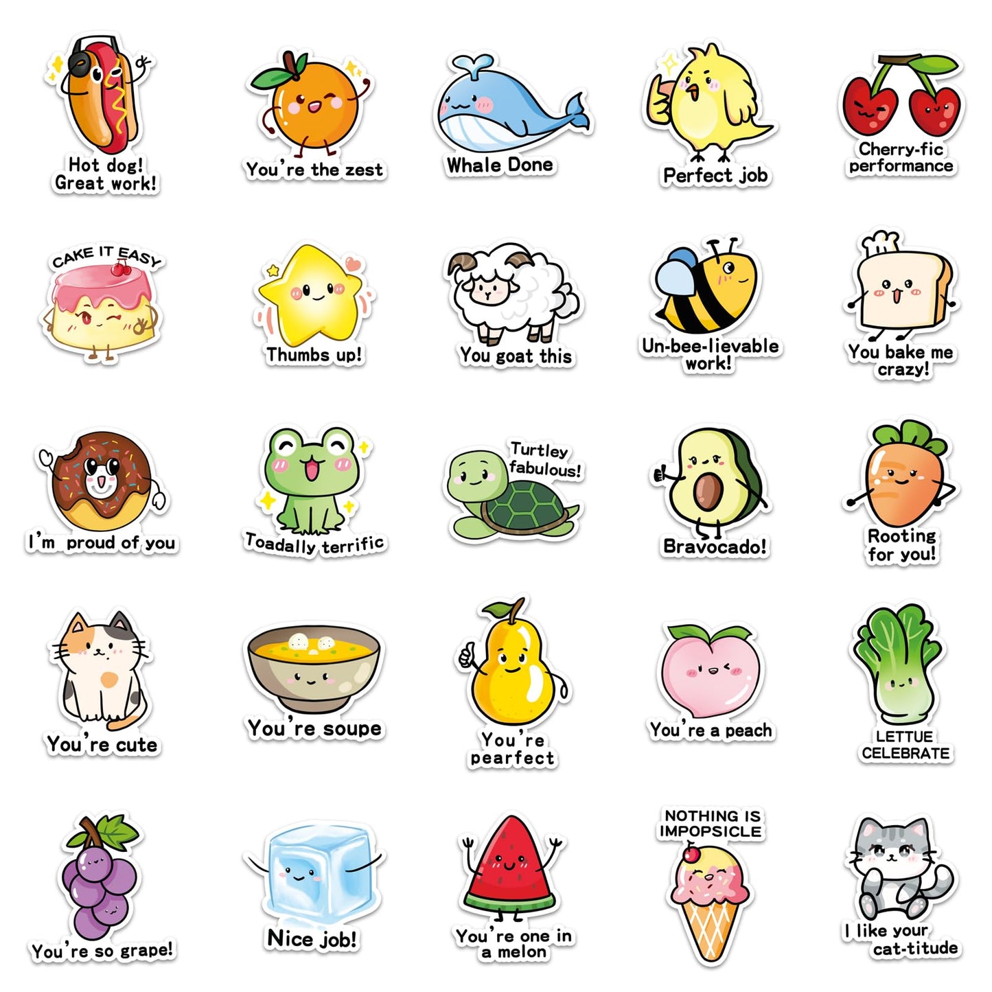 100PCS Food Pun Positive Affirmation Stickers, Funny Blessing Quotes, Vinyl Motivational Reward Decals, Kawaii Fruit Stickers for Small Business, Classroom Teachers, Water Bottles, Laptops, Scrapbooks