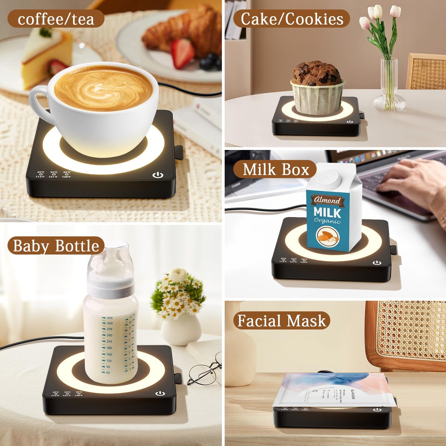 WHOLEV Coffee Mug Warmer, Smart Mug Warmer, 15W Wireless Phone Charging, 3 Heat Settings Temperature Controlled, 8H Auto Off, Candle Warmer, Safe for Heating Coffee, Beverage, Milk, Tea
