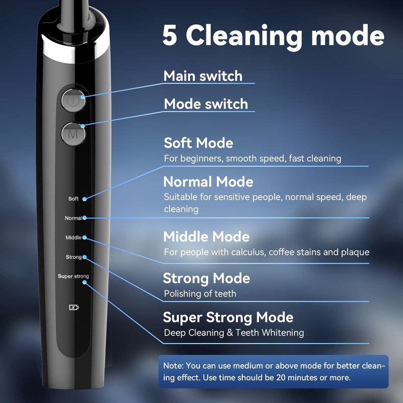Jeyoe Tooth Polisher Rechargeable,Tooth Buffer Polisher with 5 Replacement Heads & Cleaning Modes, USB Rechargeable, Ipx6 Waterproof, Teeth Black Stain Remover for Adults & Kids Black