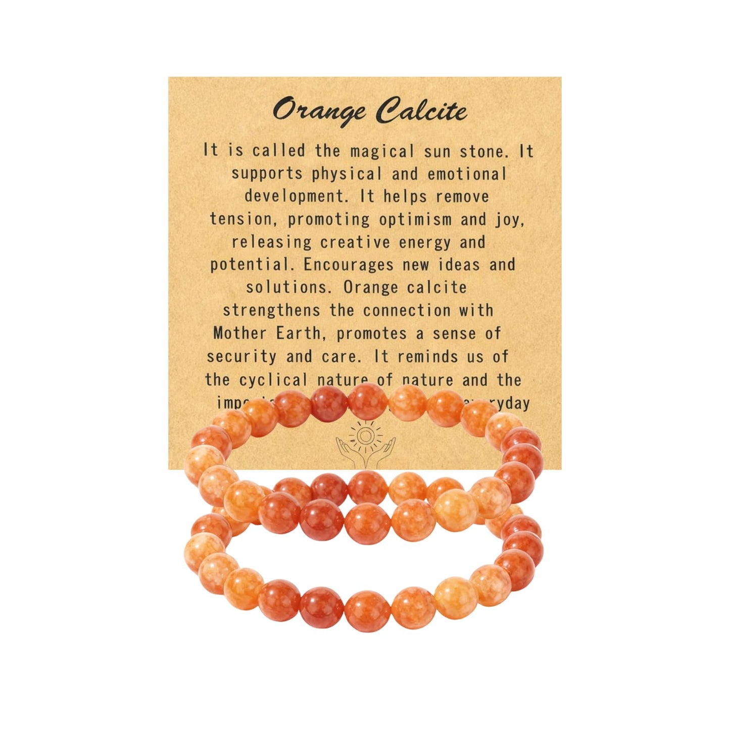 Natural Orange Calcite Bracelet for Women, Sun Stone Healing Crystal Adjustable Stretchy 8mm Round Beads Bracelets Reiki Chakra Man Jewelry Gifts (Orange Calcite 2Pcs)