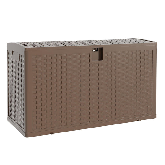 99 gal Brown Resin Deck Box, Outdoor Storage Box Waterproof Lockable, Patio Deck Box For Package Delivery, Outside Storage Box Container for Furniture Cushions, Garden Tools, Pool Accessories
