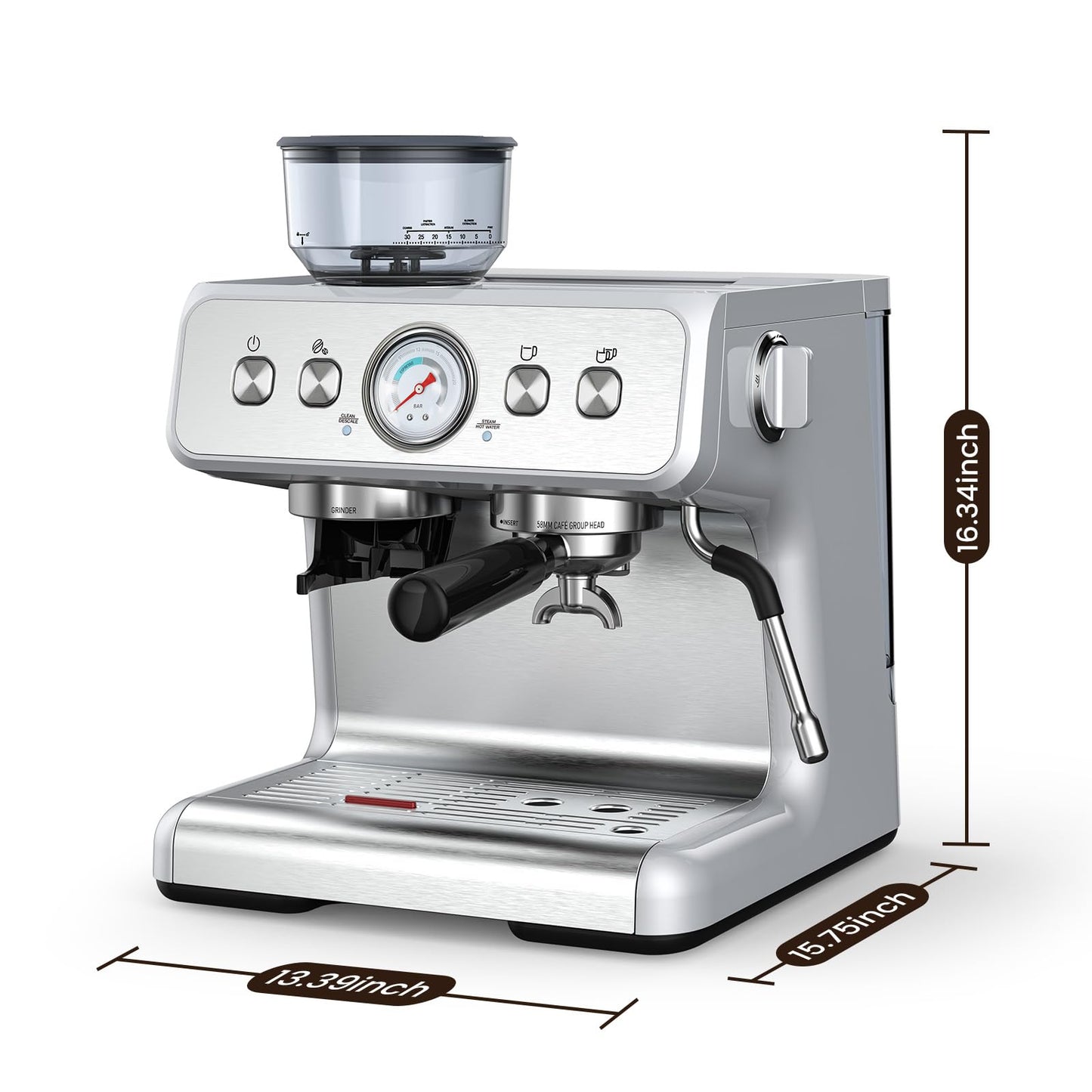 Electactic Espresso Machine with Built-in Grinder, Professional 20 Bar Cappuccino & Latte Machines with Milk Frother, 3-in-1 Stainless Steel Espresso Coffee Maker for Home, Office or Cafe