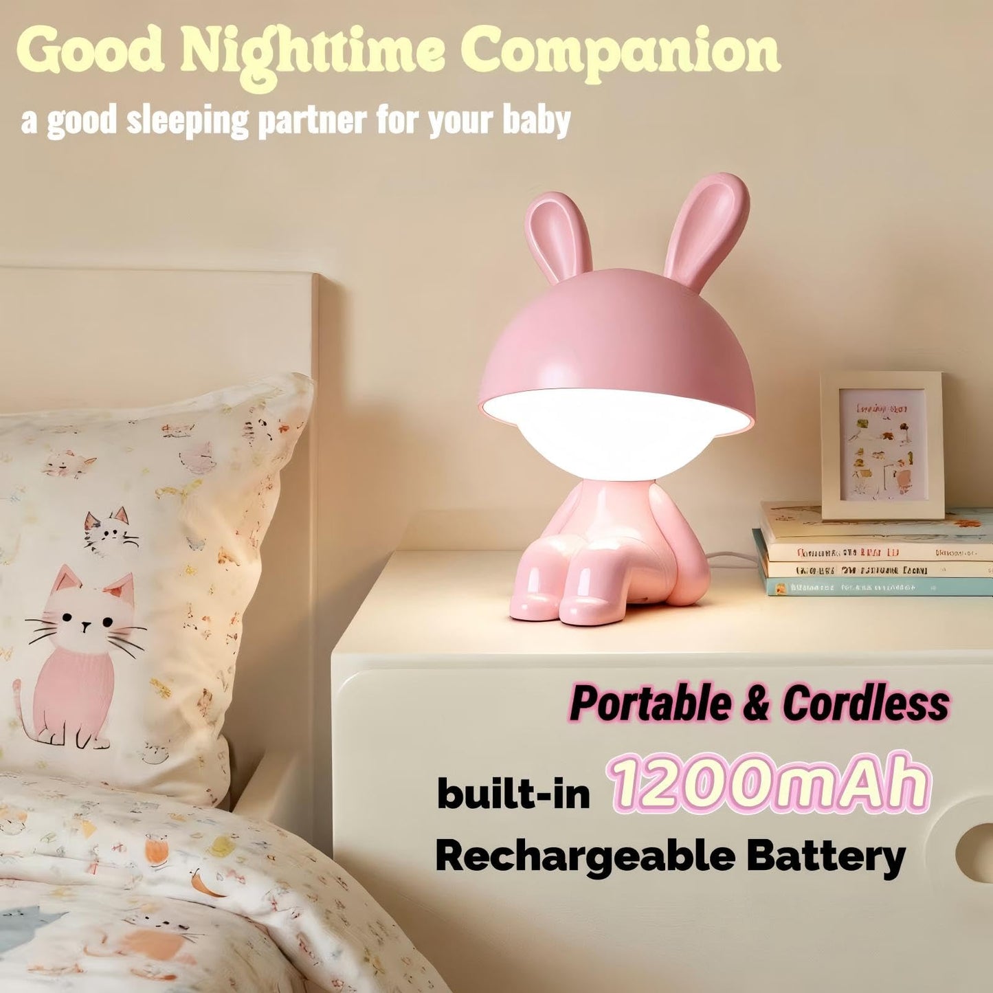 ShonlPin Night Lights for Kids,Rechargeable Table Light,Touch Bedside Lamps,Cordless Dimmable Warm White Light,Baby Nursery,Breastfeeding,Sleep Aid,Bunny Cute Decor Gifts for Newborn Toddler Boy Girls