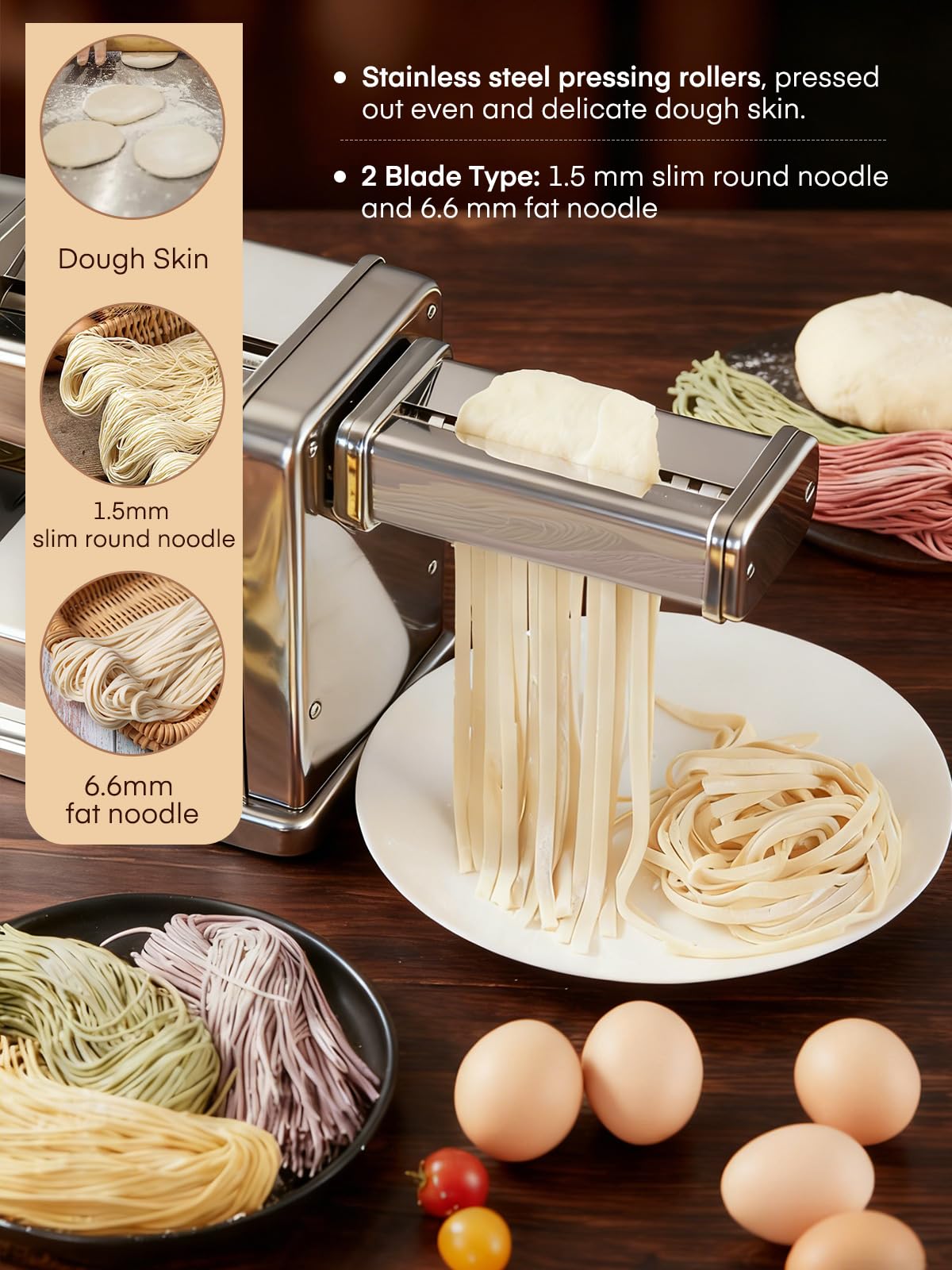 FOHERE Electric Pasta Maker Machine, Adjustable Thickness Noodle Maker for Spaghetti, Fettuccine, Lasagna & Dumpling Skins | 7-Level Customization, Food-Grade Stainless Steel, Easy Clean