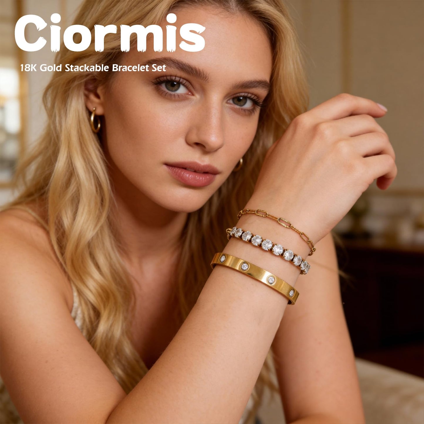 18K Gold Plated Paperclip Chain Tenni Bracelets Set, Stackable Rhinestone Bangle Bracelets for Women Tarnish Free Women's Trendy Jewelry Stainless Steel Hand Chain Bracelet Jewelry Gift Set for Women