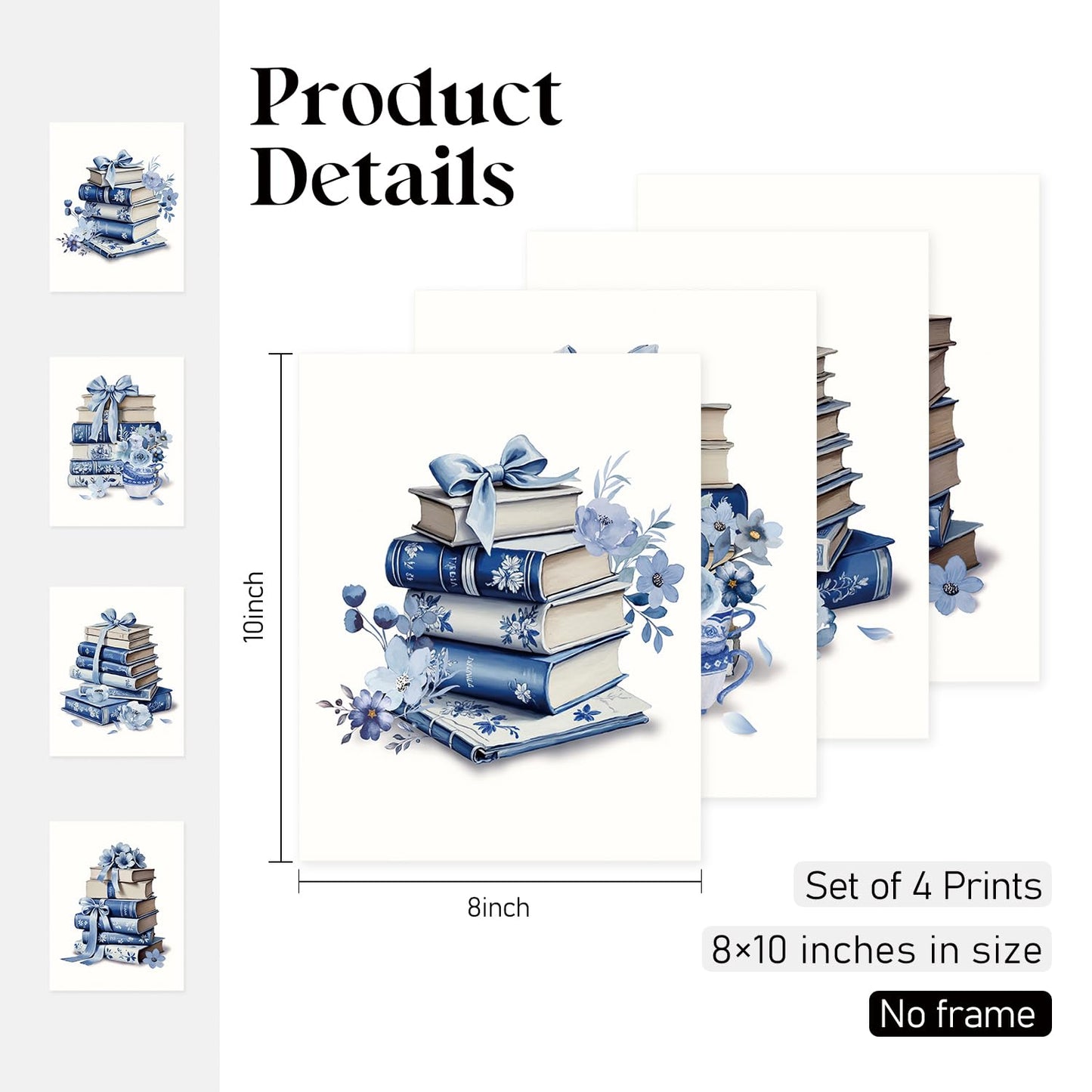 Locomiss Blue and White Floral Bow Book Chinoiserie Wall Art Decor Posters, Blue Bow Book Flower Bookish Girly Wall Art Decor For Bedroom Dorm Living Room Classroom Library, Set of 4 (8x10 Unframed)