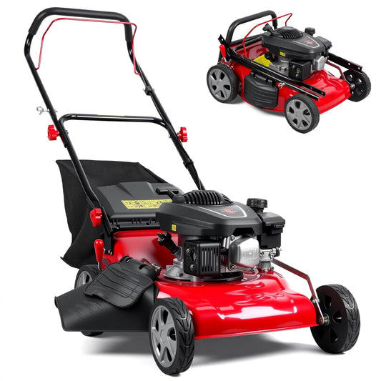131cc Gas Lawn Mower, Self-Propelled Rear-Wheel Drive, 18 Inch Cutting Width, 50L Grass Bag, 3-in-1 Mulching/Side Discharge/Rear-Bagging, Lightweight Push-Button Start Mower for Thick Slopes Red