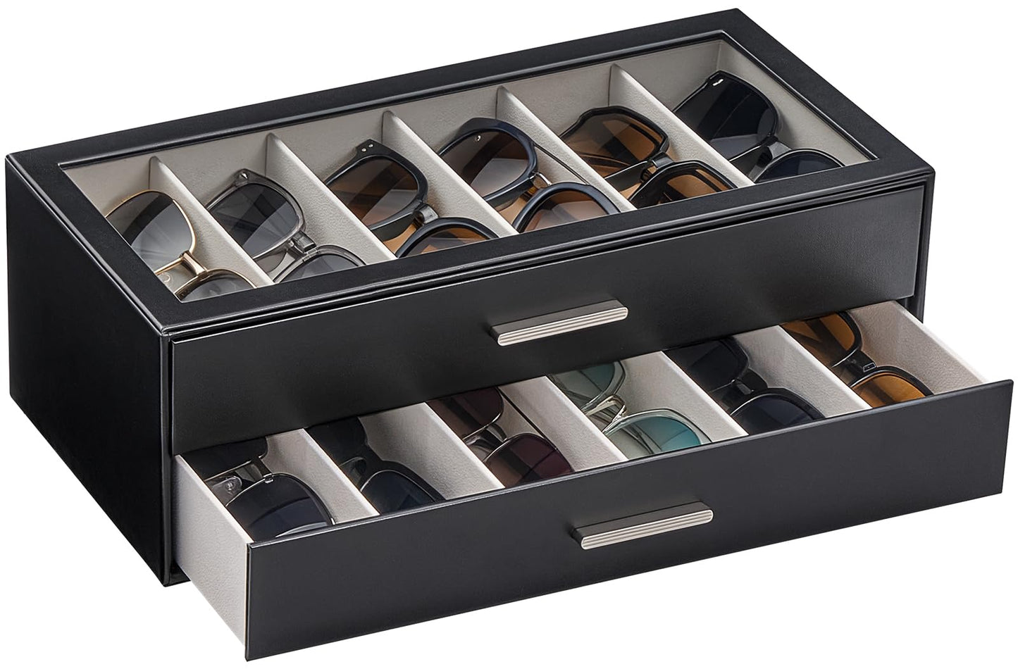 Lolalet 12 Slots Sunglasses Organizer, 2-Layer Sunglass Box with Transparent Glass Lid Display Case Storage Holder for Eyewear Eyeglass Multiple Pairs Glasses, Mothers Day Gifts-Black