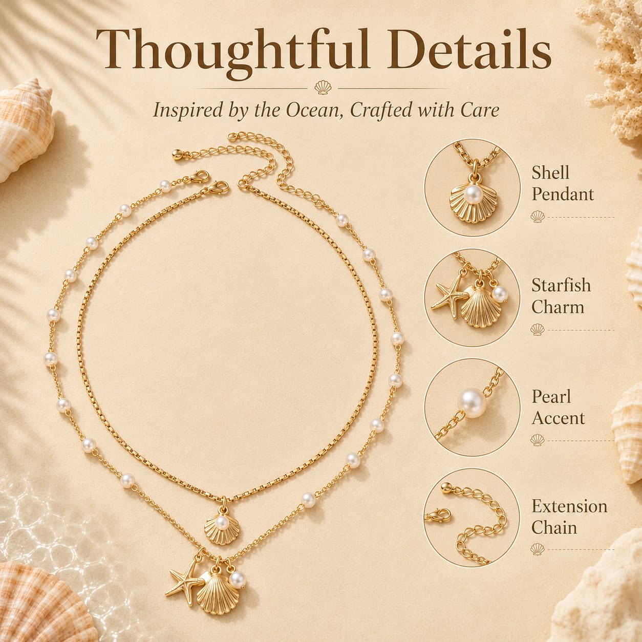 Shell Starfish Necklace for Women Gold Tone Layered Beach Jewelry Pearl Seashell Charm Adjustable Coastal Necklace for Summer Vacation Outfits Gifts