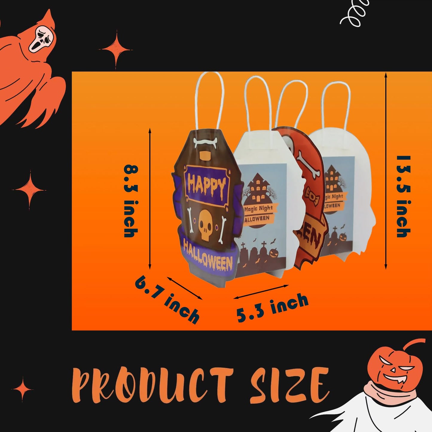 YUEZODU 16 Pcs Halloween Paper Bags with Handle, Gift Tote bags in 8 Designs for Trick or Treat Party Favors Supplies
