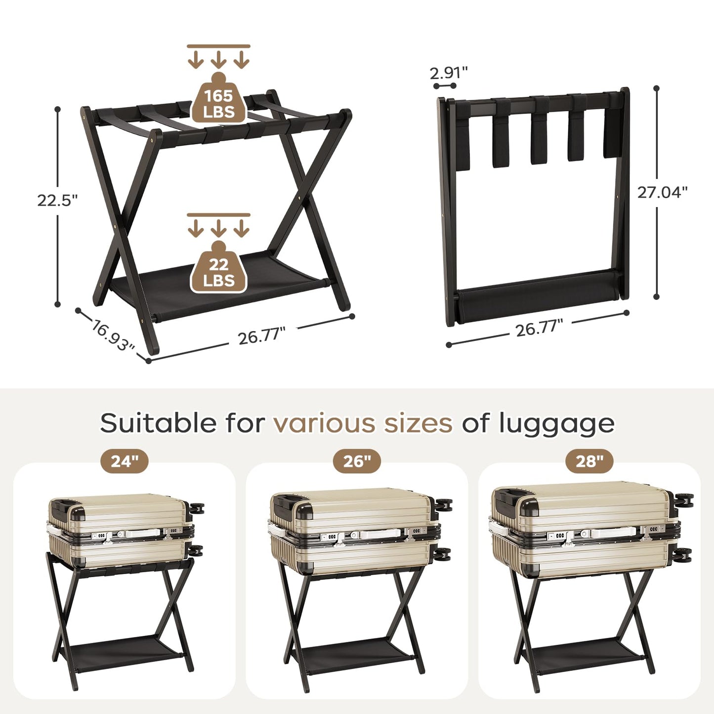 Fully Assembled Luggage Racks Set of 2, Bamboo Luggage Rack for Guest Room, Foldable Suitcase Stand with Fabric Storage Shelf for Bedroom, Hotel, Holds up to 165 lb, 26.77 x 16.93 x 22.5 Inches, Black