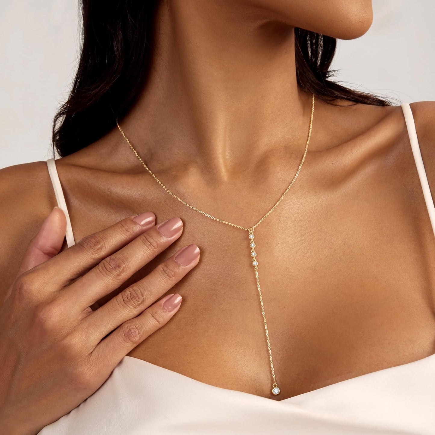 Zeffy Long Gold Necklace for Women - Dainty 14k Gold Plated Teardrop Drop Lariat Necklace Trendy Simple CZ Y-Shaped Body Chain Wedding Prom Dangle Statement Necklace Jewelry Gifts