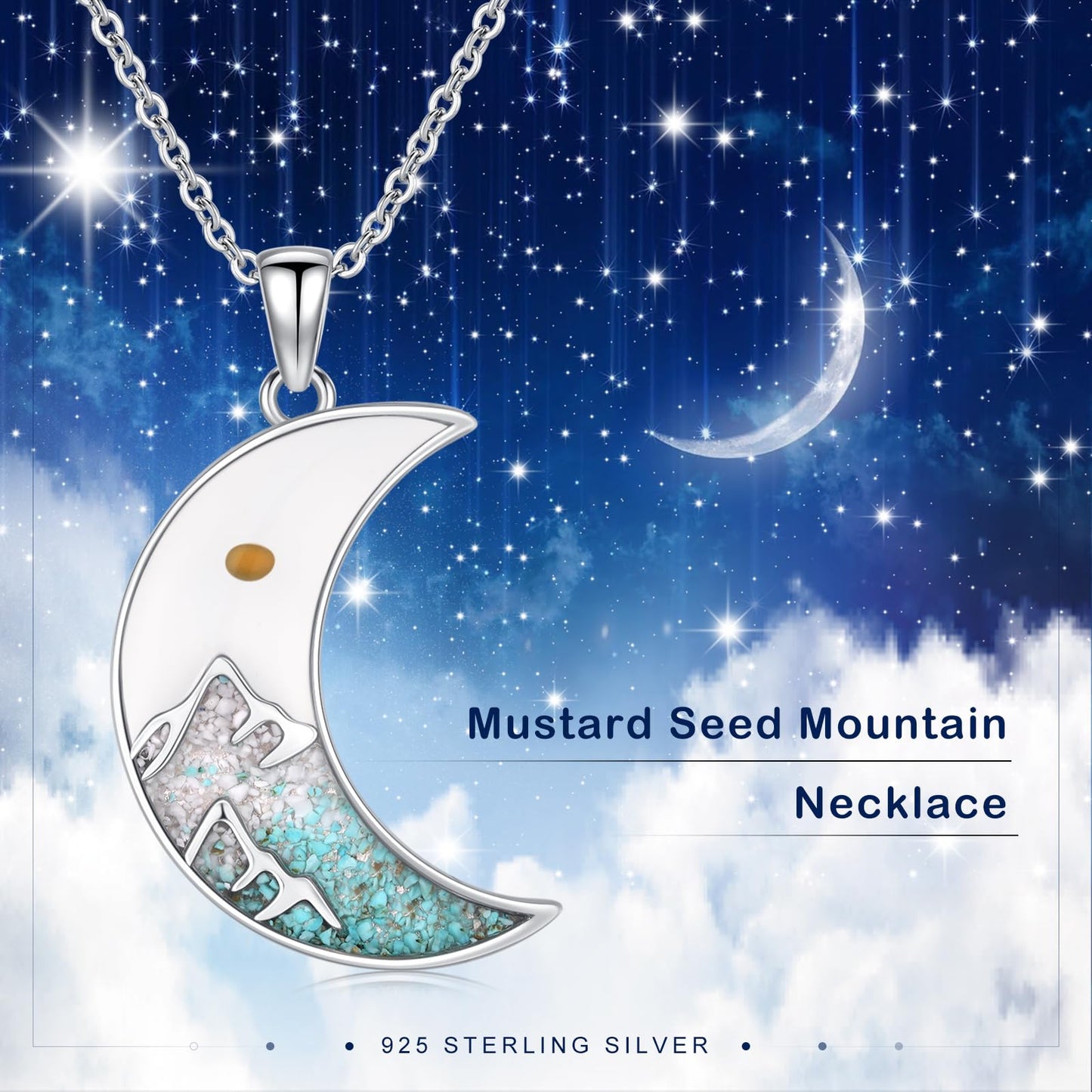 Suiknsn Mustard Seeed Necklace 925 Sterling Silver Turquoise Mountain Pendant Necklace Moon Jewelry Outdoor Hiking Gifts for Women Girlfriend