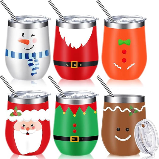 Ziliny 6 Pieces Christmas Wine Tumbler 12 oz Xmas Insulated Stainless Steel Wine Cups with Lid and Straw Funny Coffee Mugs with Brush for Holiday Wedding Party Gifts(Vintage Style)