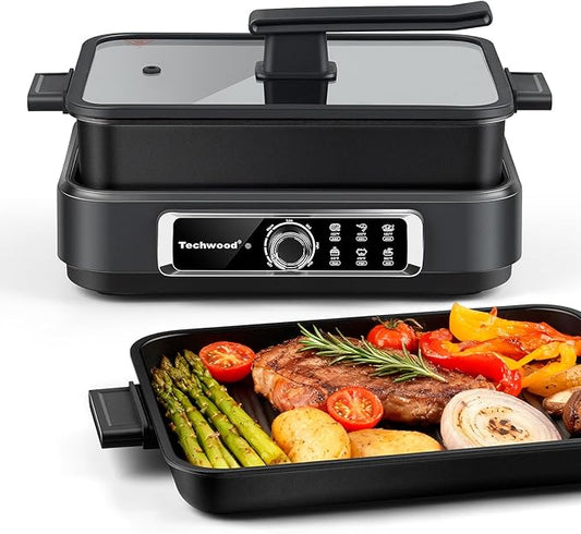 Slow Cooker, Techwood 1500W Electric Skillet 7.5-Quart Extra-large Capacity Multi-Cooker with 5-Level Heat Settings, Come with Non-stick Skillet Pan & Cooking Pot, Dishwasher Safe, Black