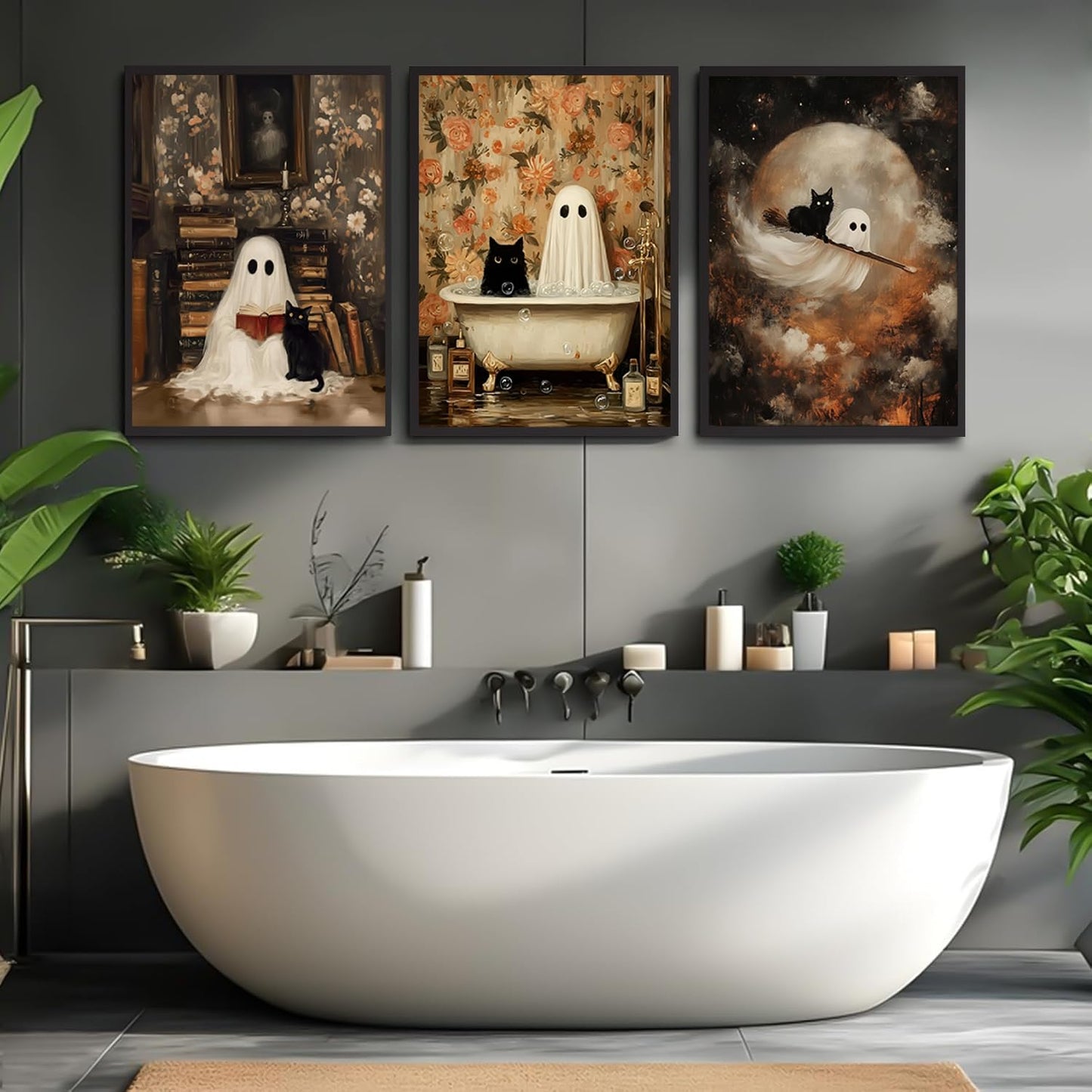 3Pcs Halloween Ghost Wall Art Funny Gothic Moody Ghosts and Black Cat Painting Picture Wall Decor Reading Horror Dark Academia Poster Print Artwork for Bathroom Livingroom Home Decoration Unframed