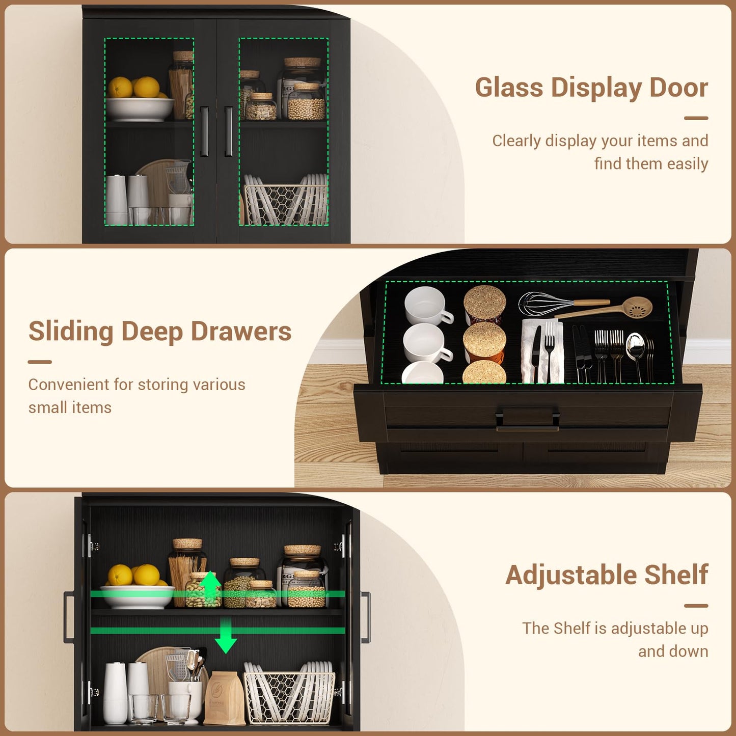 Unikito 79.7" Tall Kitchen Pantry Storage Cabinet, Freestanding Kitchen Hutch Cabinet with Glass Door, Adjustable Shelves and Drawer, Display Bookcase for Living Room, Dining Room, Bathroom, Black
