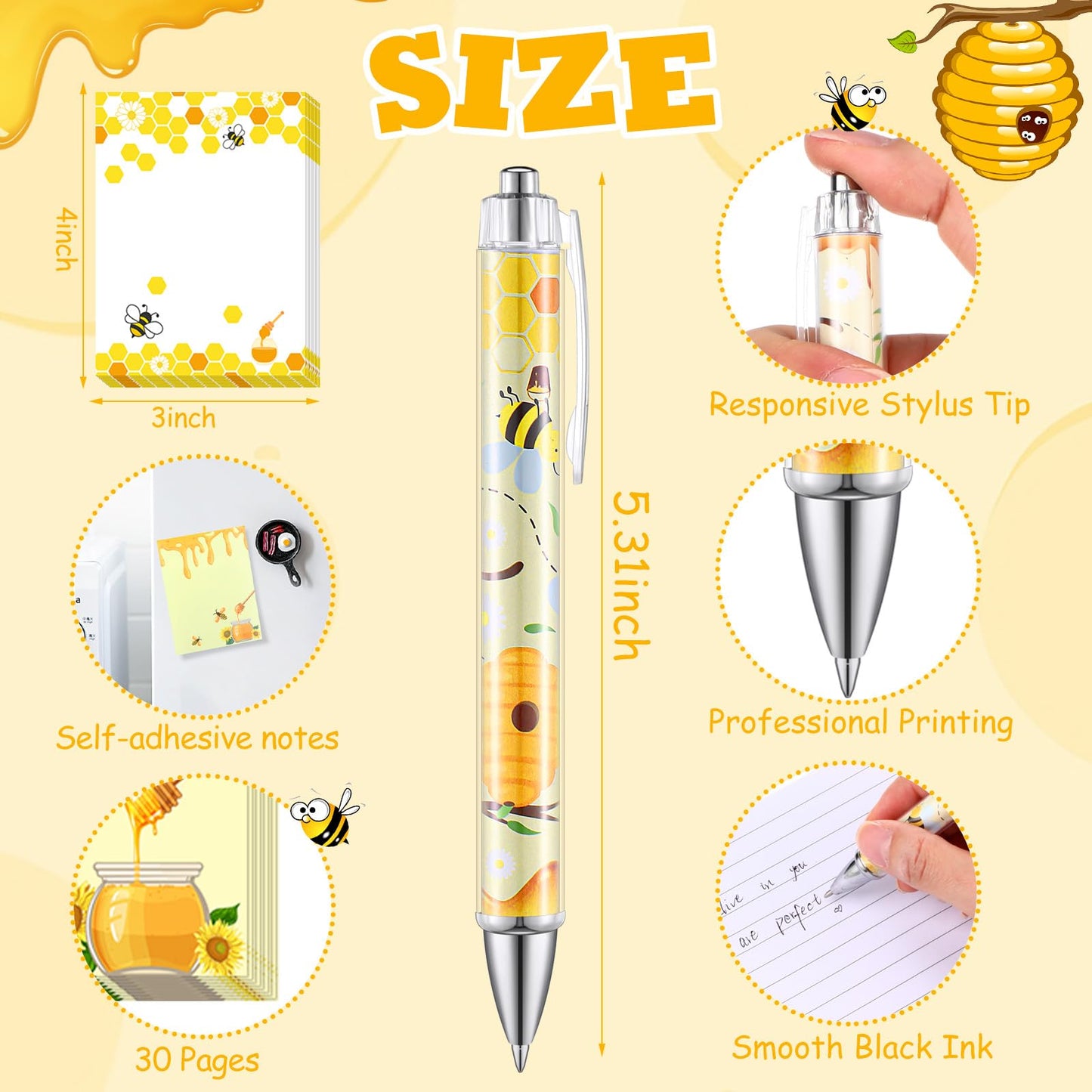 Dispowreath 16 Pcs Bee Lover Gifts for Women:Cute Bee 3"x4" Sticky Notepads Pens Makeup Bags Socks Set for Animals Lover Graduation Birthday Gifts Office Desk Decor