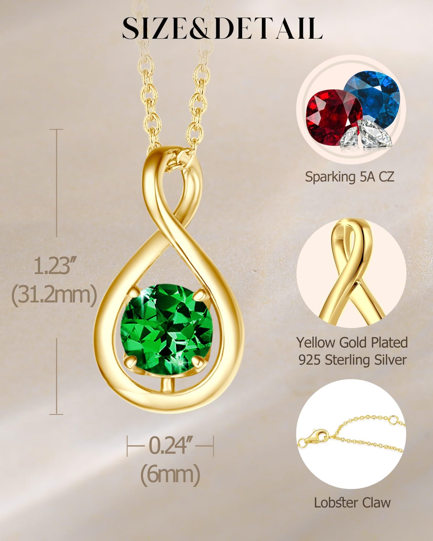 FANCIME Emerald Necklace Yellow Gold Plated 925 Sterling Silver Infinity Pendant May Birthstone Necklace for Women Green Gemstone Fine Jewelry Birthday Mothers Day Gifts for Mom Her
