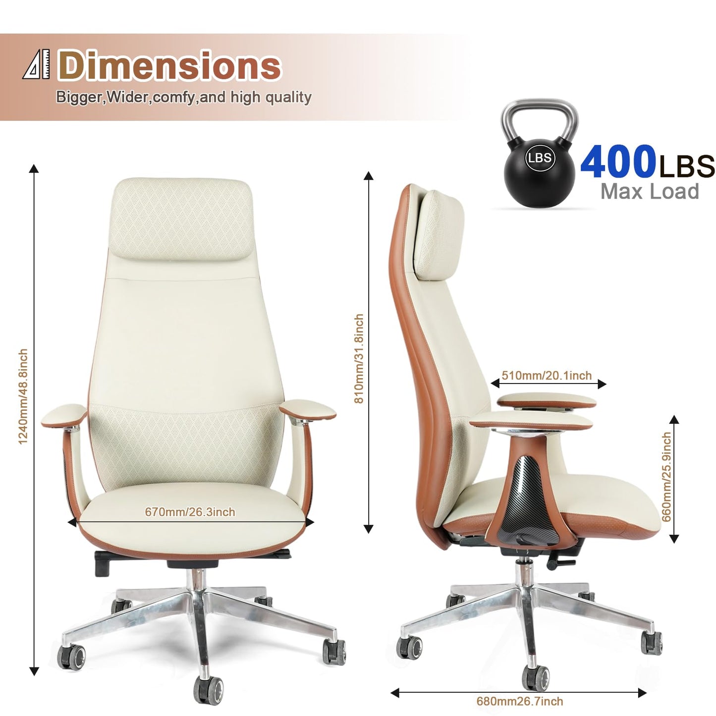 FurniBaron Genuine Leather Office Chair, Big and Tall Executive Office Chair with Adjustable High Back and Lumbar Support, 400lbs Heavy Duty Design with Wheels (White)