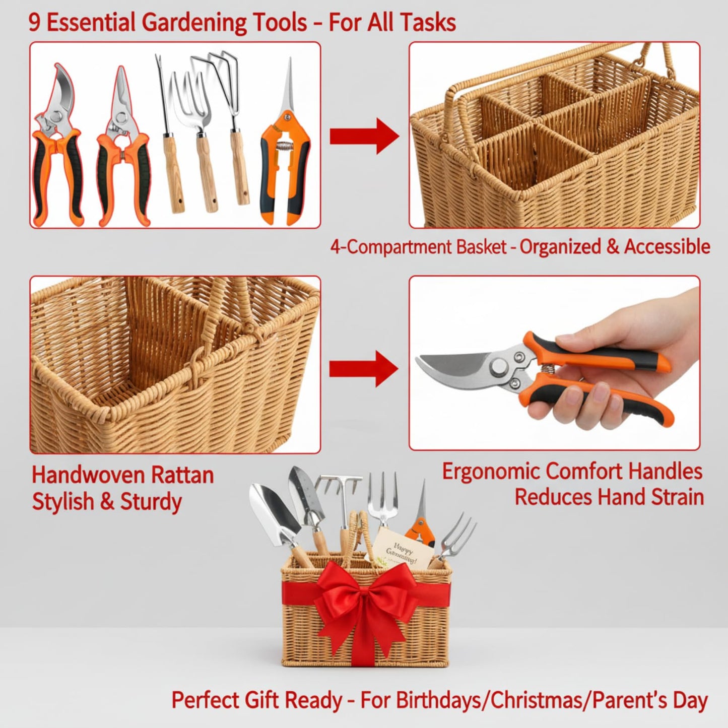 GOVNPJ Garden Tools Set with Basket, 9-Piece Garden Tools for Gardening with Woven Organizer, Complete Gardening Hand Tools Set Gift for Women Men