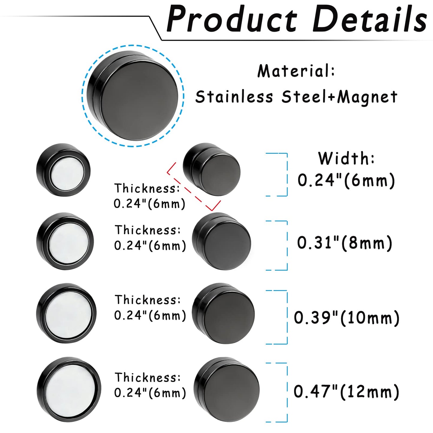 Rofusn Punk 12mm Stainless Steel Black Magnetic Non-piercing Clip On Fake Cheater Stud Earrings for Men Women