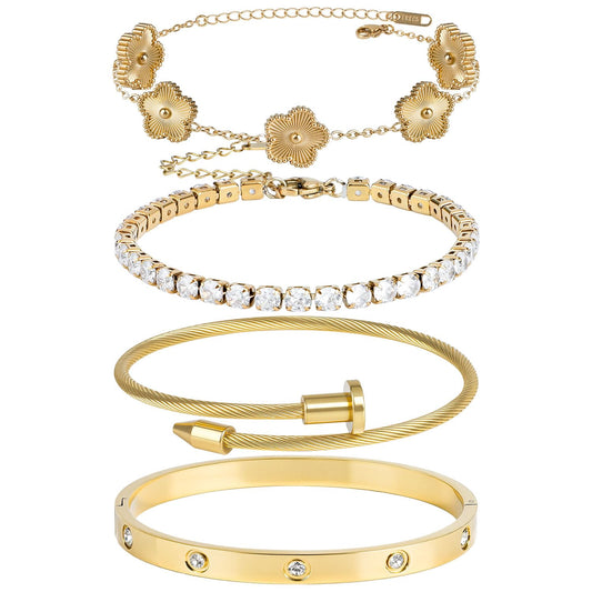 18K Gold Plated Clover Bracelet Bangle Set, 4pcs Stackable Four Leaf Gold Bracelet Set for Wife Mom Girlfriend