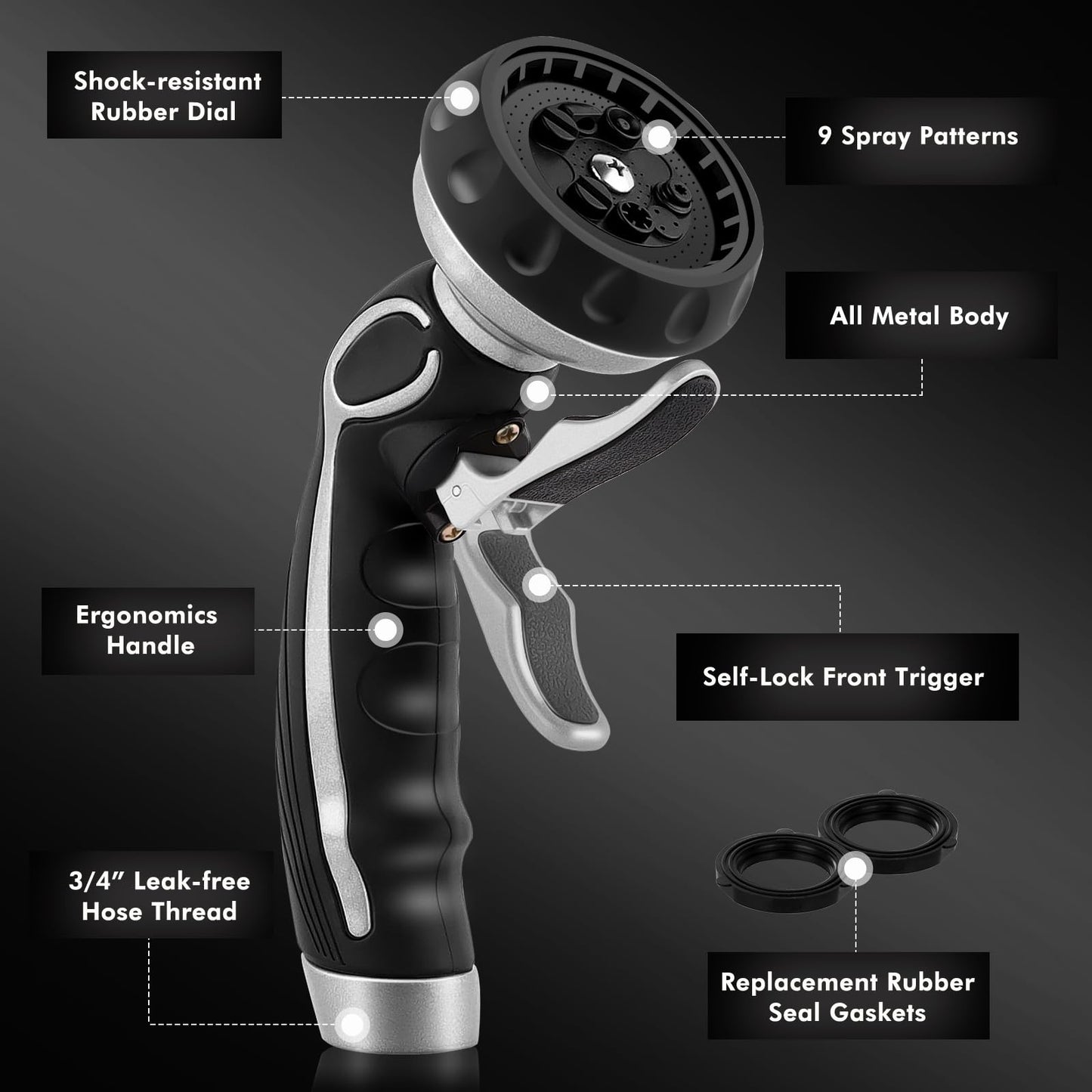 RESTMO Hose Nozzle with Easy Self-Lock Trigger, Heavy Duty Metal Water Hose Sprayer with 9 Spray Patterns and On/Off Valve, Ideal for Outdoor Lawn & Garden Watering, Car & Pet Washing, Silver