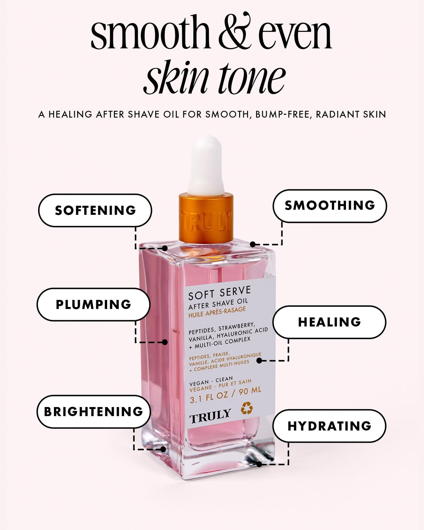 Truly Beauty Soft Serve After Shave Oil | Hydrating Treatment for Ingrowns & Irritation | Peptides, Hyaluronic Acid & Strawberry Extract | Soothes & Smooths Skin | Strawberry Vanilla Scent (3.1 Fl Oz)