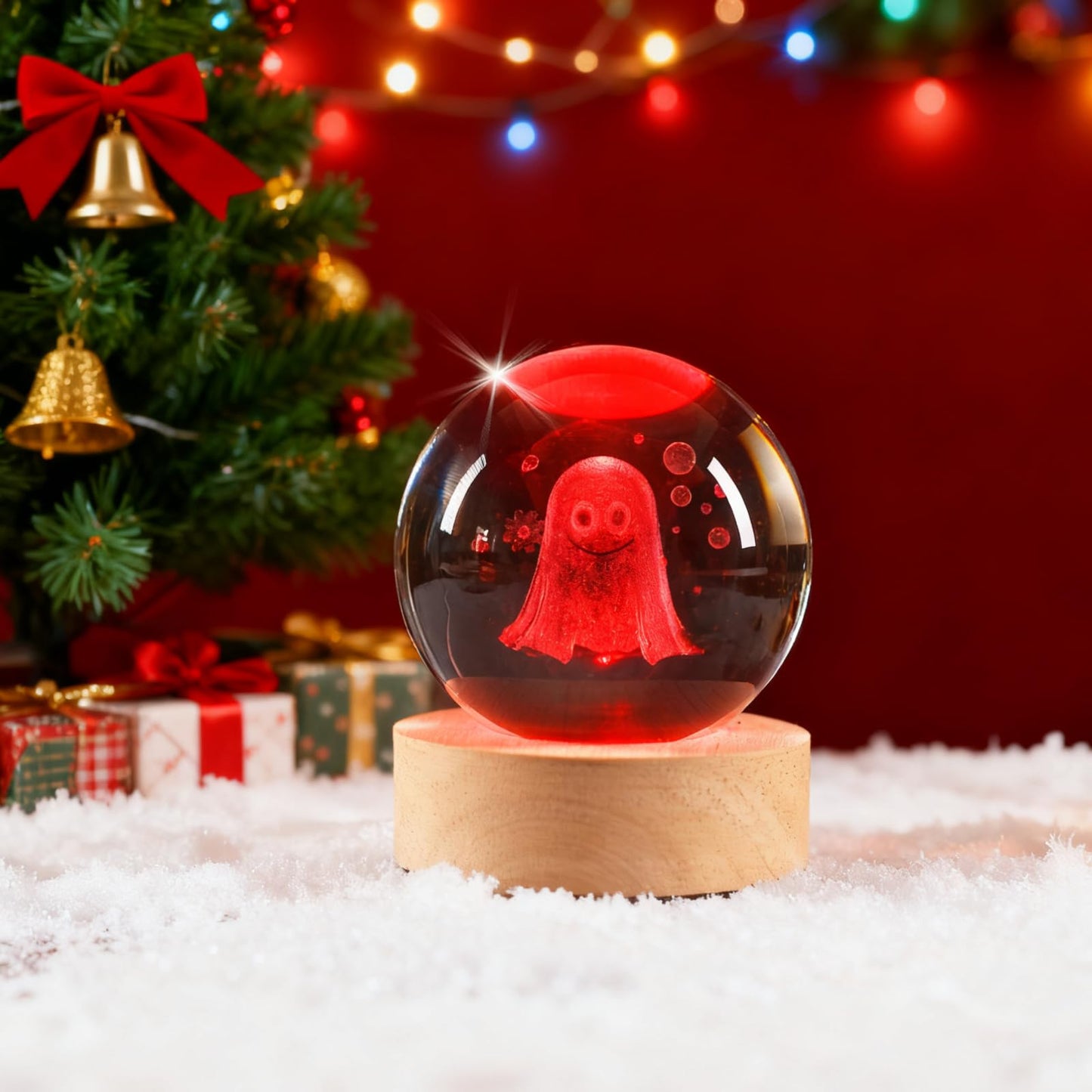 YummyCarrot 3D Ghost Crystal Ball Night Light,2.36inch Laser Engraved Led Light with Wooden Base, Gifting Box for Birthday Xmas Cool Figurines Gifts for Halloween Room Decor Boys Girls