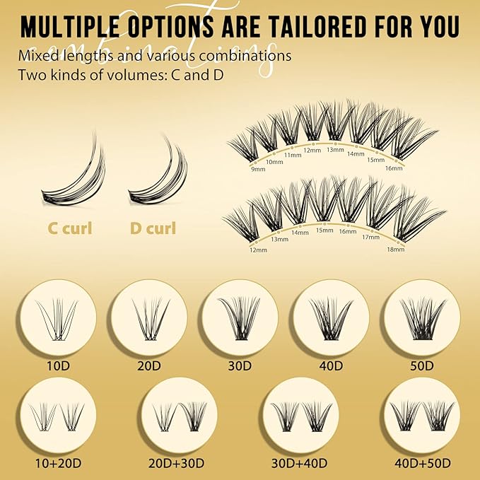 QUEWEL Lash Clusters 320Pcs Cluster Lashes 30D+40D D Curl Lash Cluster Eyelash Extensions Mix9-16mm Individual Eyelashes Clusters Wispy Lash Clusters Thin Band Soft to Use at Home(30D+40D D Mix9-16)