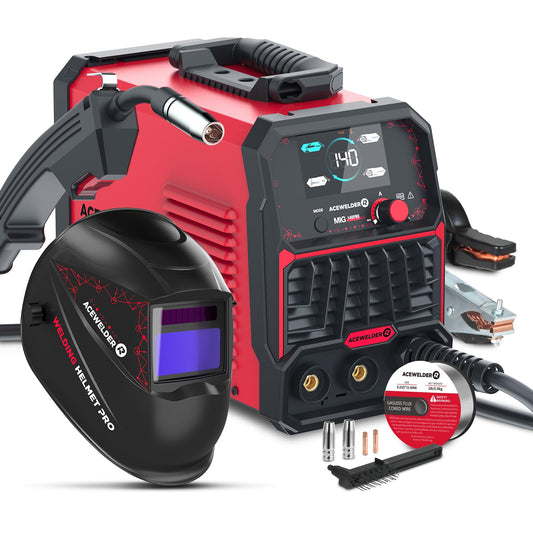 ACEWELDER 140A MIG Welder, 3 in 1 Flux Core, MIG/LIFT TIG/Stick Welding Machine 110V Portable IGBT Inverter Synergic Control, LED Display with Welding Helmet