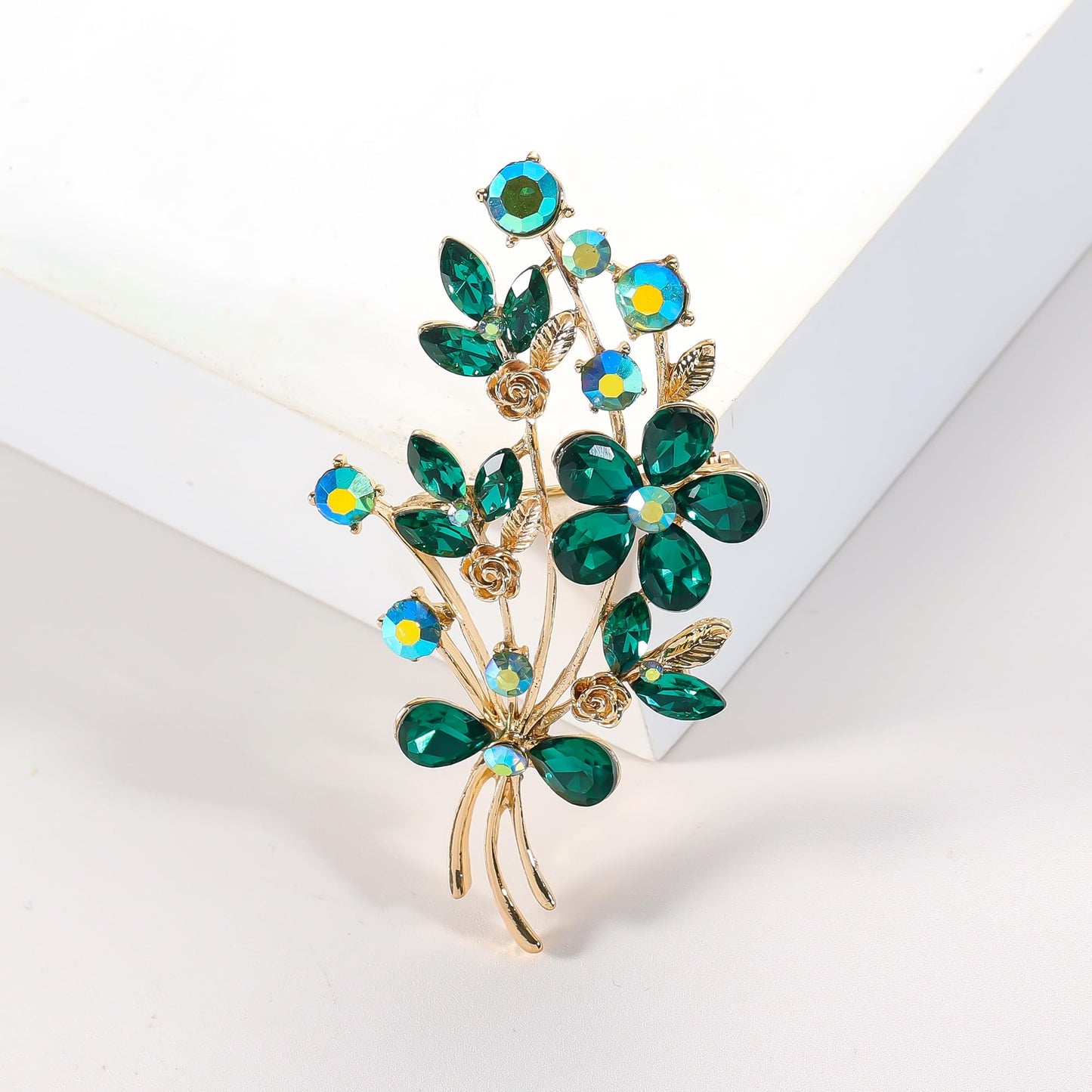 YOQUCOL Vintage Dark Green Austrian CZ Crystal Rhinestone Poppy Flower Bouquet Shape Brooch Pin for Women