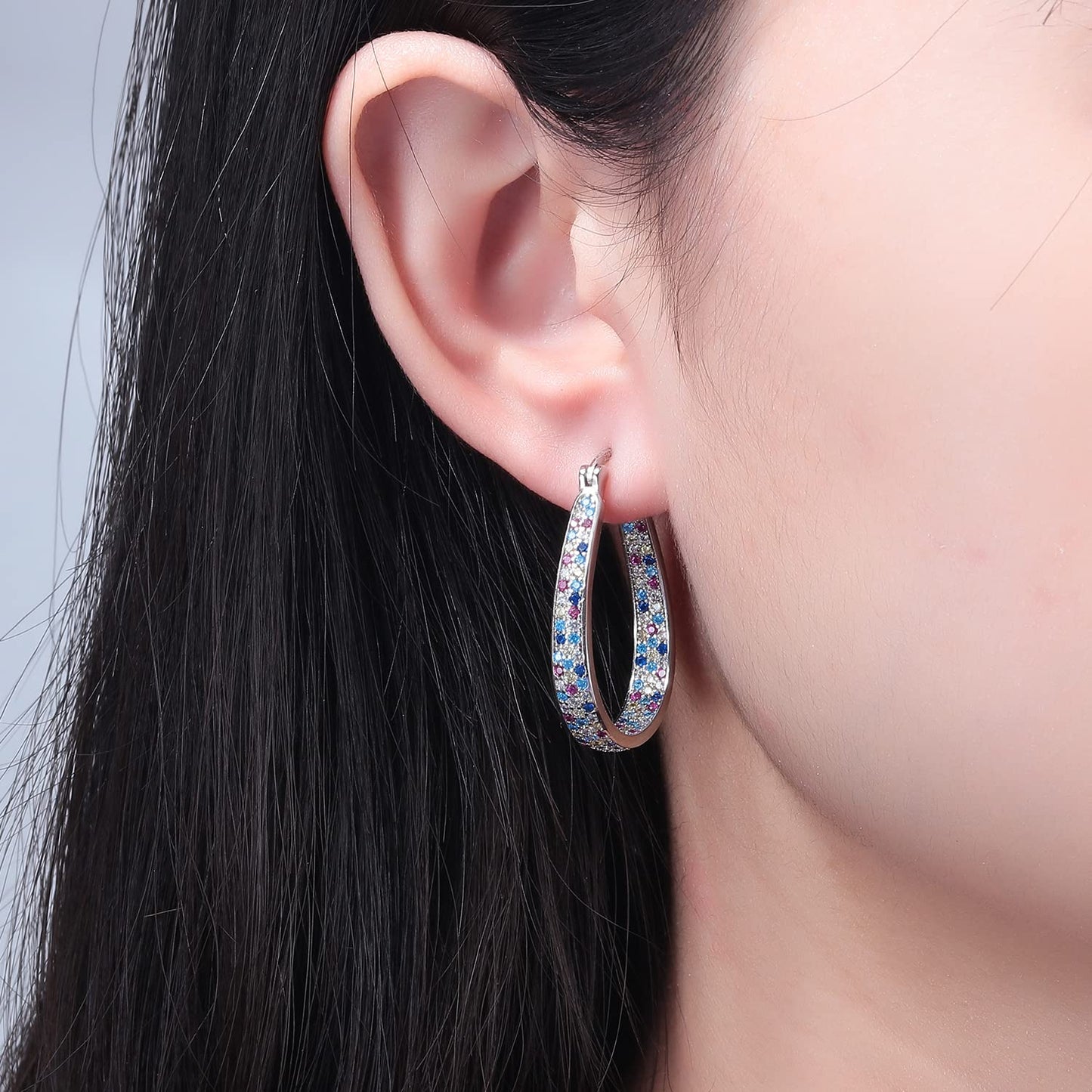 CiNily 925 Sterling Silver Post Hoop Earrings for Women 14K White Gold Plated Rainbow Cubic Zirconia Hoop Earrings Large Oval Chunky Hoops Gemstone Earrings Jewelry