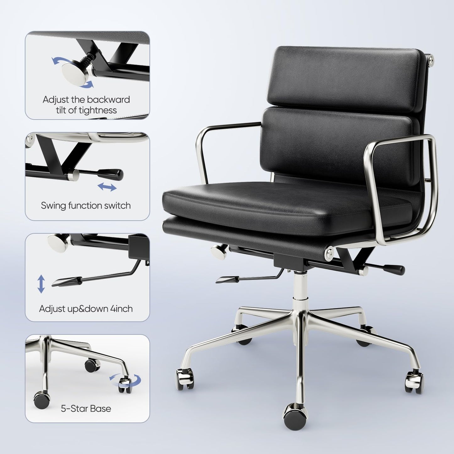 Aekinsly Top Grain Leather Mid-Back Executive Office Chair, Ergonomic Desk Chair with Aluminum Alloy Frame & 5-Star Base, Thick Plush Cushion, Lumbar Support Swivel Chair for Home Office
