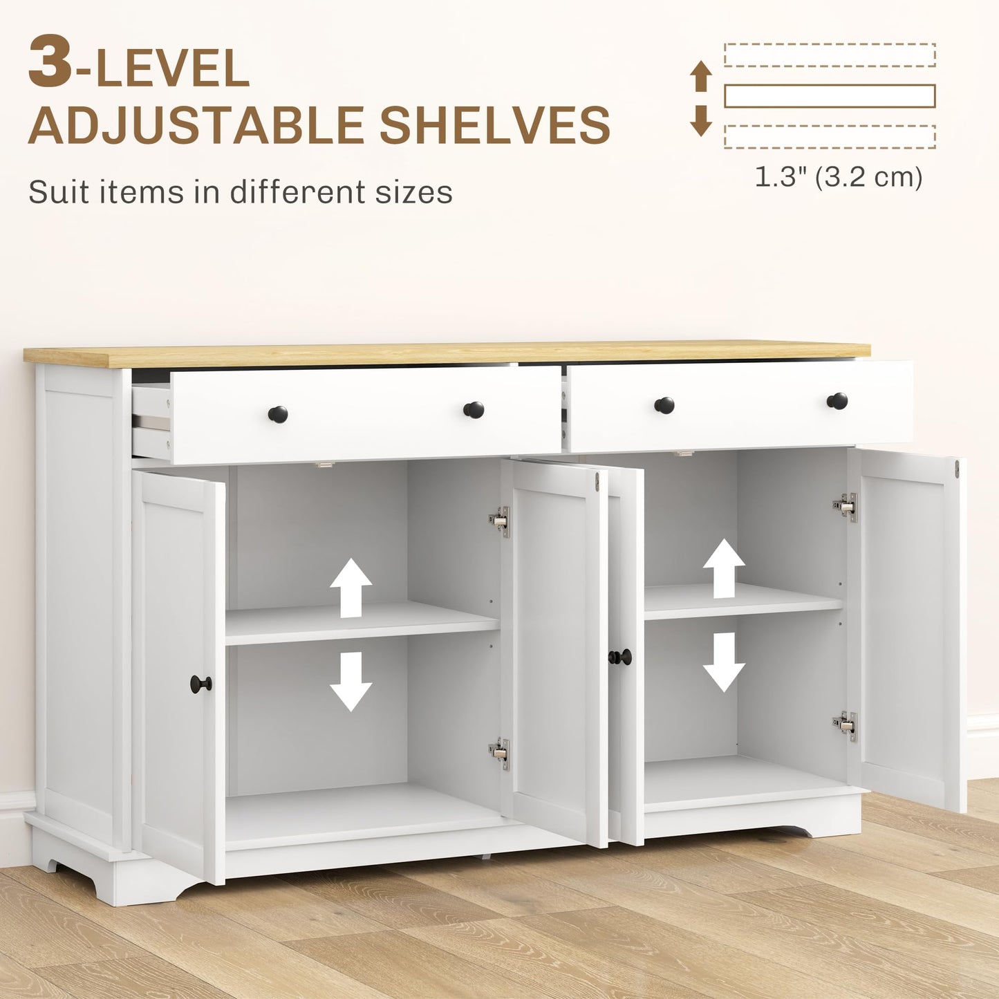 HOMCOM Sideboard Buffet Cabinet with Storage, 55" Modern Kitchen Cabinet with 4 Doors, 2 Drawers and 2 Adjustable Shelves, Coffee Bar Cabinet, White
