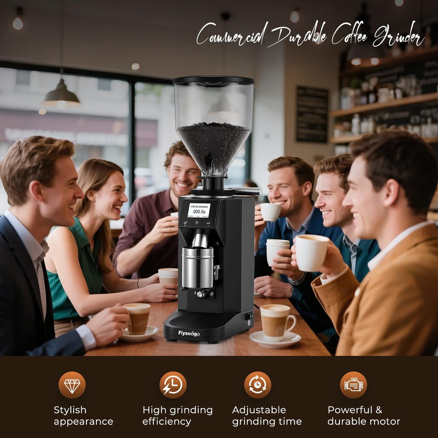Flyseago Electric Coffee Grinder Commercial, Stainless Steel Flat Burr, Touch Screen with 19 Adjustable Settings, 28oz Large Hopper for Espresso, Black