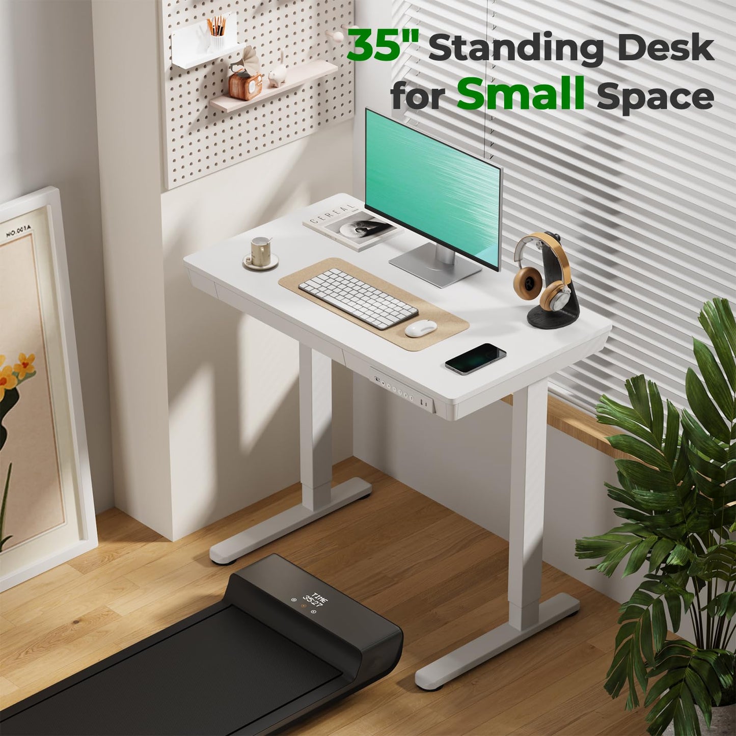 JYLH JOYSEEKER Small Standing Desk with Drawer, 35" x 20" Whole Piece Tabletop Electric Sit Stand Desk, Height Adjustable Desk with Storage & USB Ports, Quick Install Home Office Computer Desk, White
