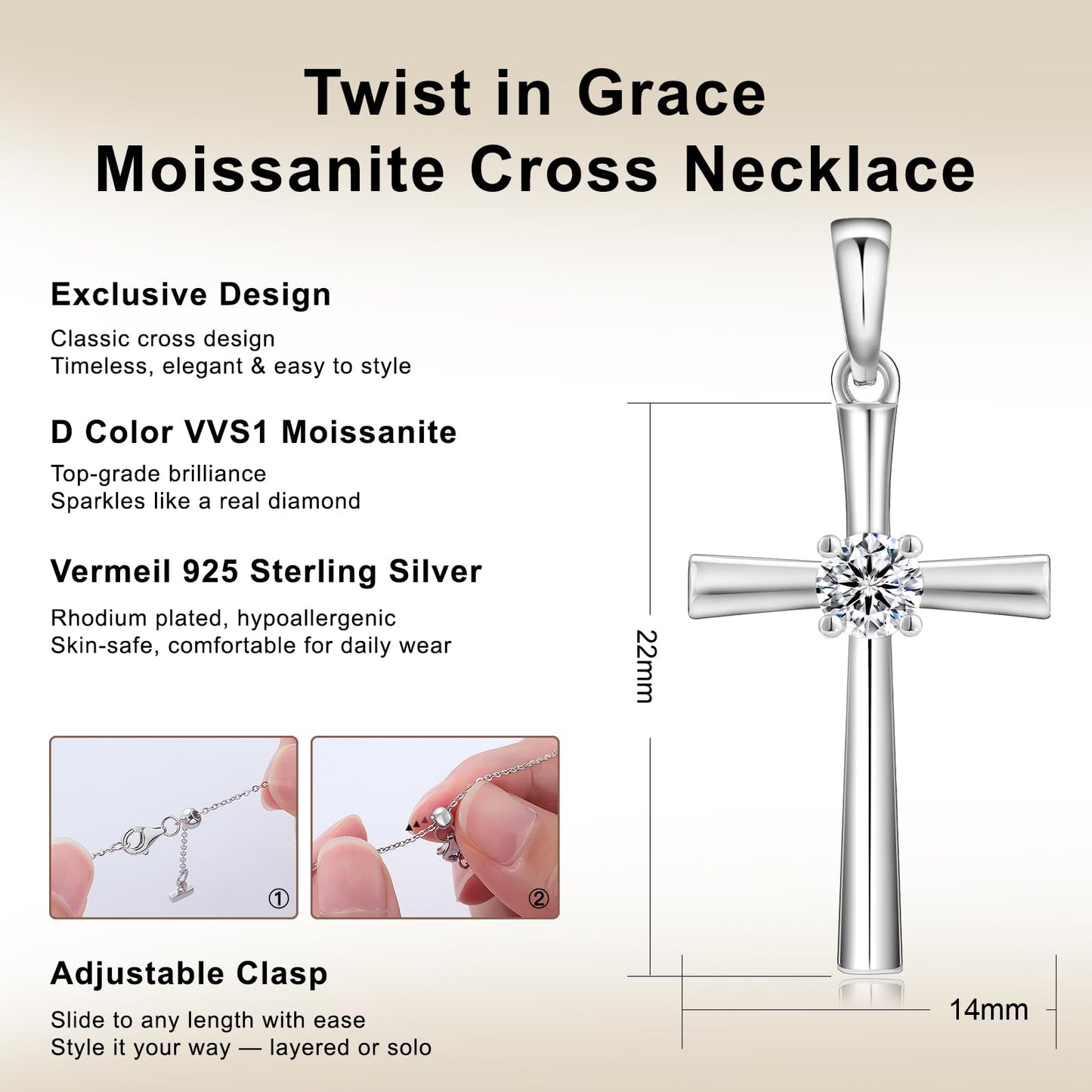 KRKC&CO Moissanite Cross Necklace for Women: D Color VVS1 0,3ct, 925 Vermeil Sterling Silver, Hypoallergenic Petite Pendant, Luxury Gifts for Birthday Anniversary Wedding, Gift Box with Handles